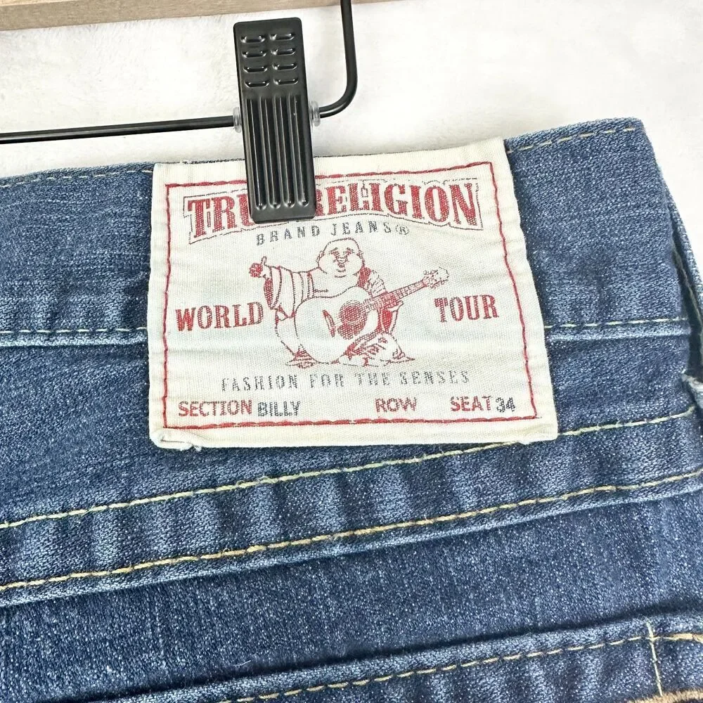 True Religion Billy Bootcut Jeans Size 36x33 Flap Pockets Big T Cotton USA Made